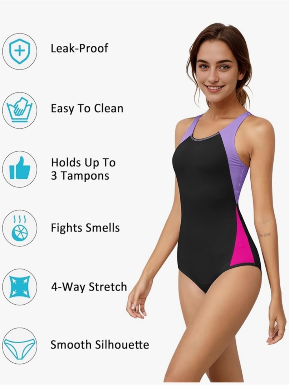 NWT-XS Girls menstrual proof
Competition,Razorback
Period proof bathingsuit Teen - Picture 4 of 10